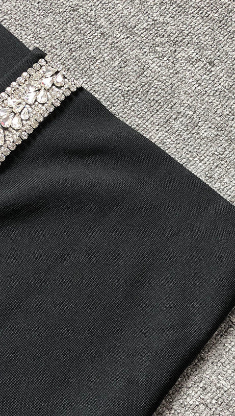 AMBER-EMBELLISHED BANDAGE GOWN IN BLACK