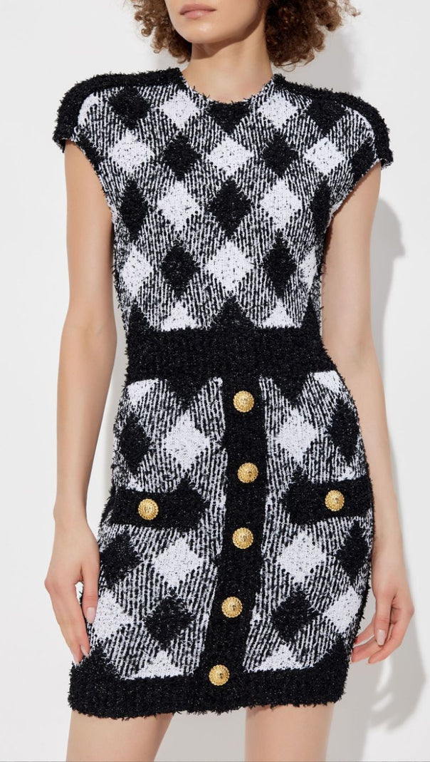 AIIZIE BUTTON-EMBELLISHED PLAID TEXTURE MINI DRESS - product image