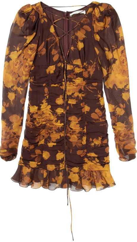 FLORAL PRINT HOLLOW TULLE MINI DRESS IN BROWN