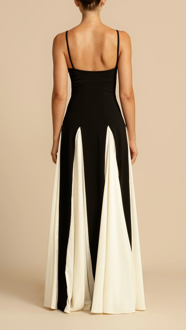 AIIZIE CLOTILDE CONTRAST COLOR SUSPENDER MAXI DRESS IN BLACK - product image