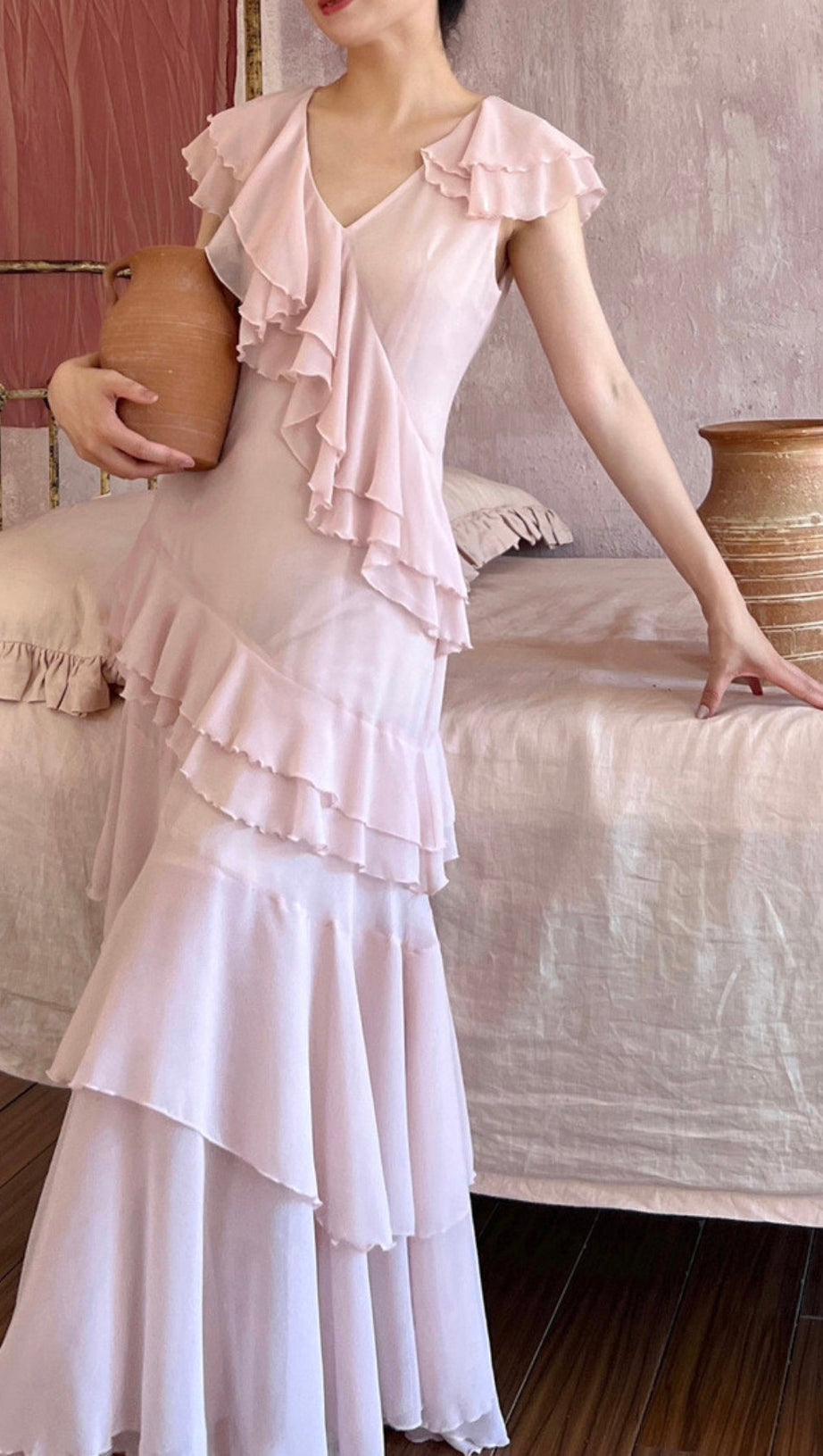 RUFFLED MAXI DRESS IN PALE PINK