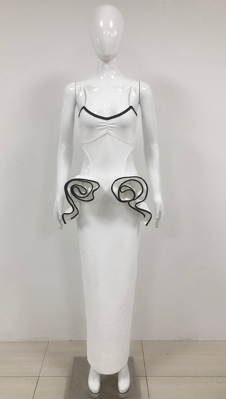 LILLIAN WAIST FLOWER RUFFLE EMBELLISHED CUT OUT MAXI DRESS