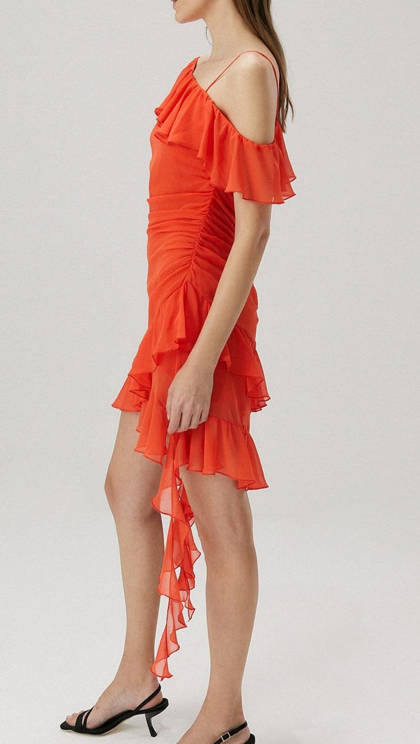AIIZIE RUFFLE DETAIL GEORGETTE MINI DRESS IN ORANGE - product image