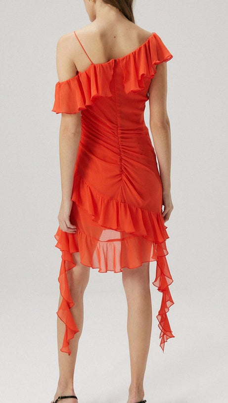 Minikleid aus Georgette mit Rüschendetail in Orange