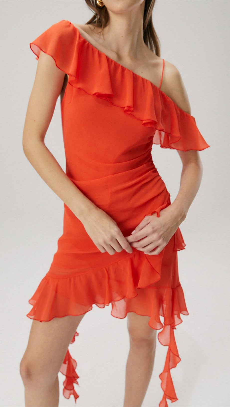 Minikleid aus Georgette mit Rüschendetail in Orange