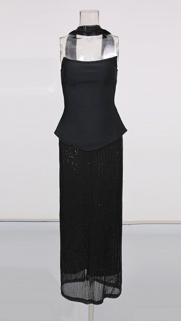 AIIZIE Isadora Black Sequin Glamour Two-Piece Set | Strapless Top & Maxi Skirt - product image