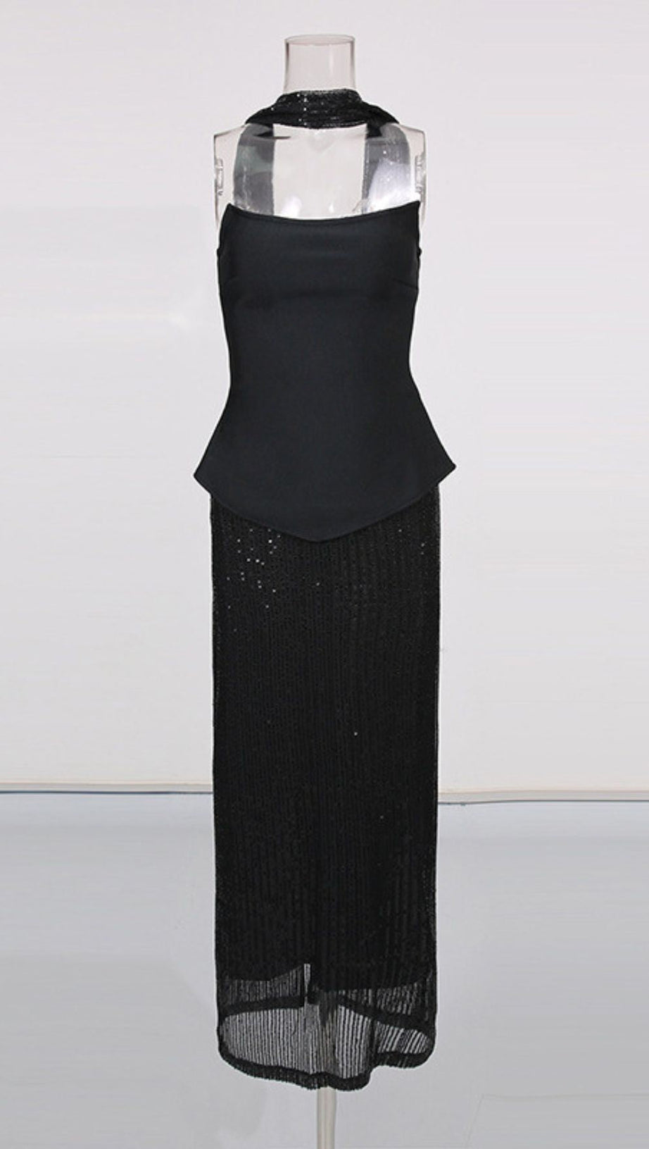 Isadora Black Sequin Glamour Two-Piece Set | Strapless Top & Maxi Skirt