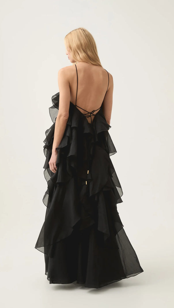 AIIZIE CAYSIE HALTER FLORAL RUFFLE LAYERED MAXI DRESS IN BLACK - product image