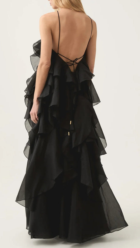 OFF-SHOULDER RUFFLE LAYERED MAXI DRESS IN BLACK