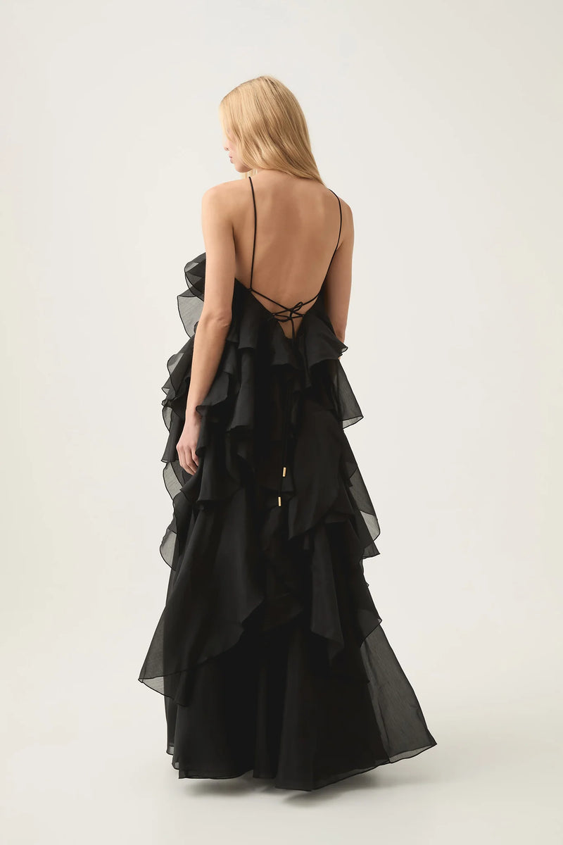 Caysie Halter Floral Ruffle Layered Maxi Dress in Black
