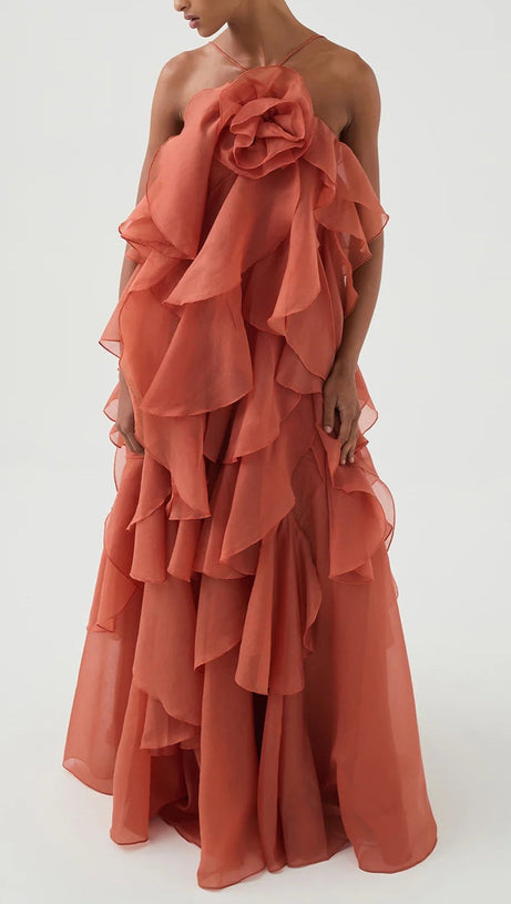 OFF-SHOULDER RUFFLE LAYERED MAXI DRESS IN CORAL CLAY