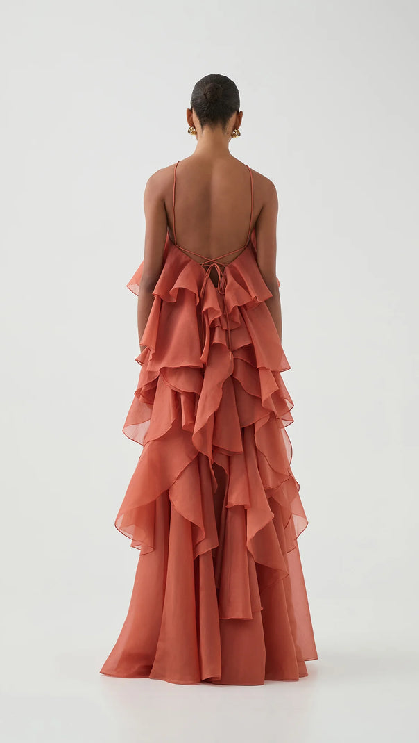 AIIZIE CAYSIE HALTER FLORAL RUFFLE LAYERED MAXI DRESS IN ORANGE - product image