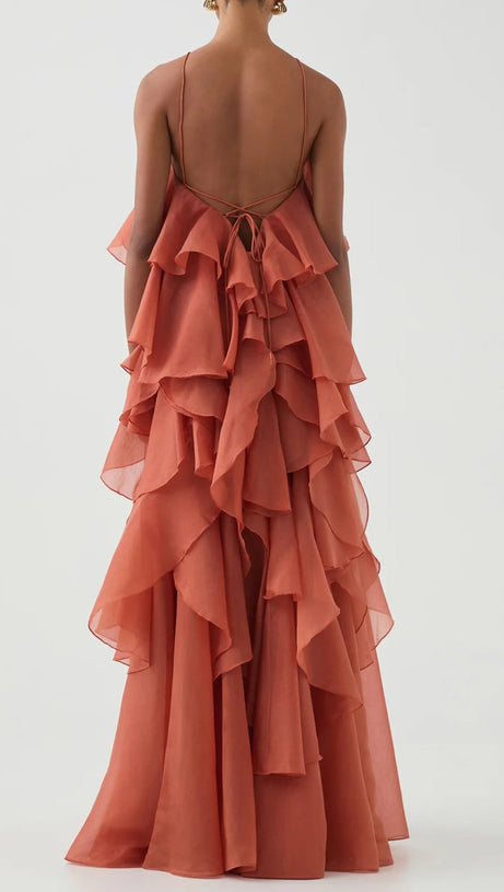 OFF-SHOULDER RUFFLE LAYERED MAXI DRESS IN CORAL CLAY