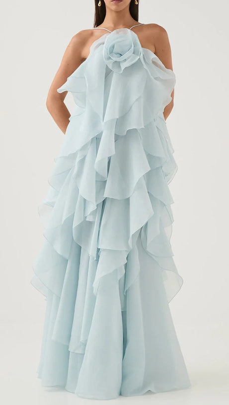 OFF-SHOULDER RUFFLE LAYERED MAXI DRESS IN BLUE