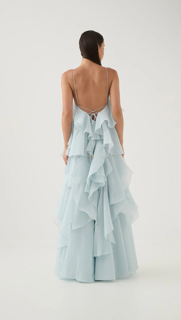 AIIZIE CAYSIE HALTER FLORAL RUFFLE LAYERED MAXI DRESS IN BLUE - product image
