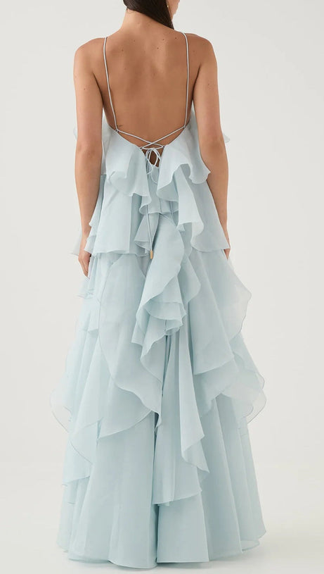 OFF-SHOULDER RUFFLE LAYERED MAXI DRESS IN BLUE