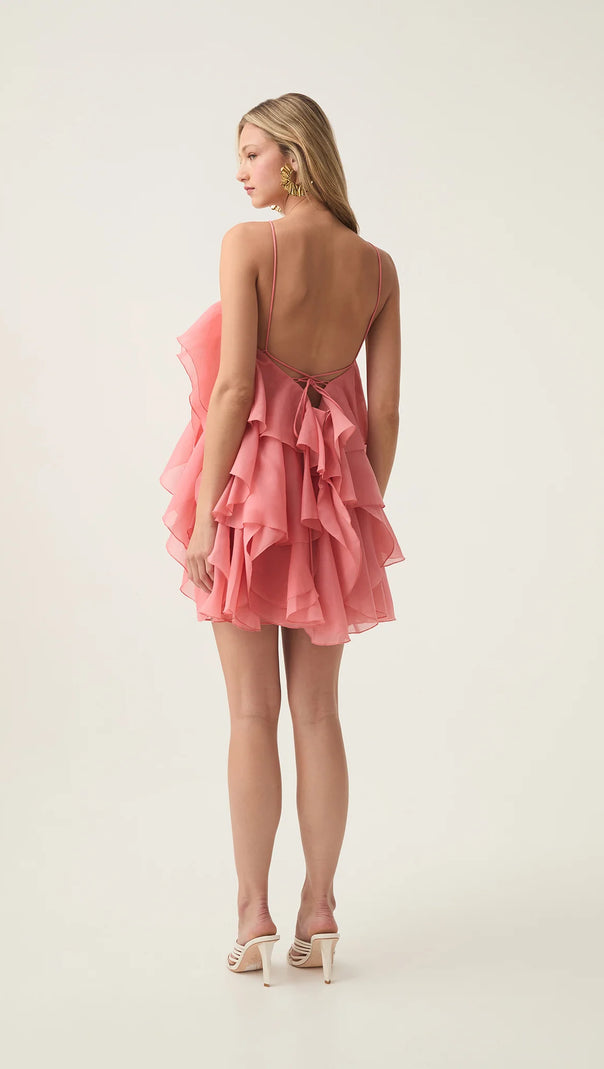 AIIZIE LORRAINE HALTER FLORAL RUFFLE LAYERED MINI DRESS IN ORANGE - product image