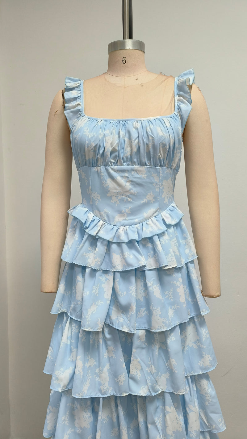Light blue suspender cake maxi dress
