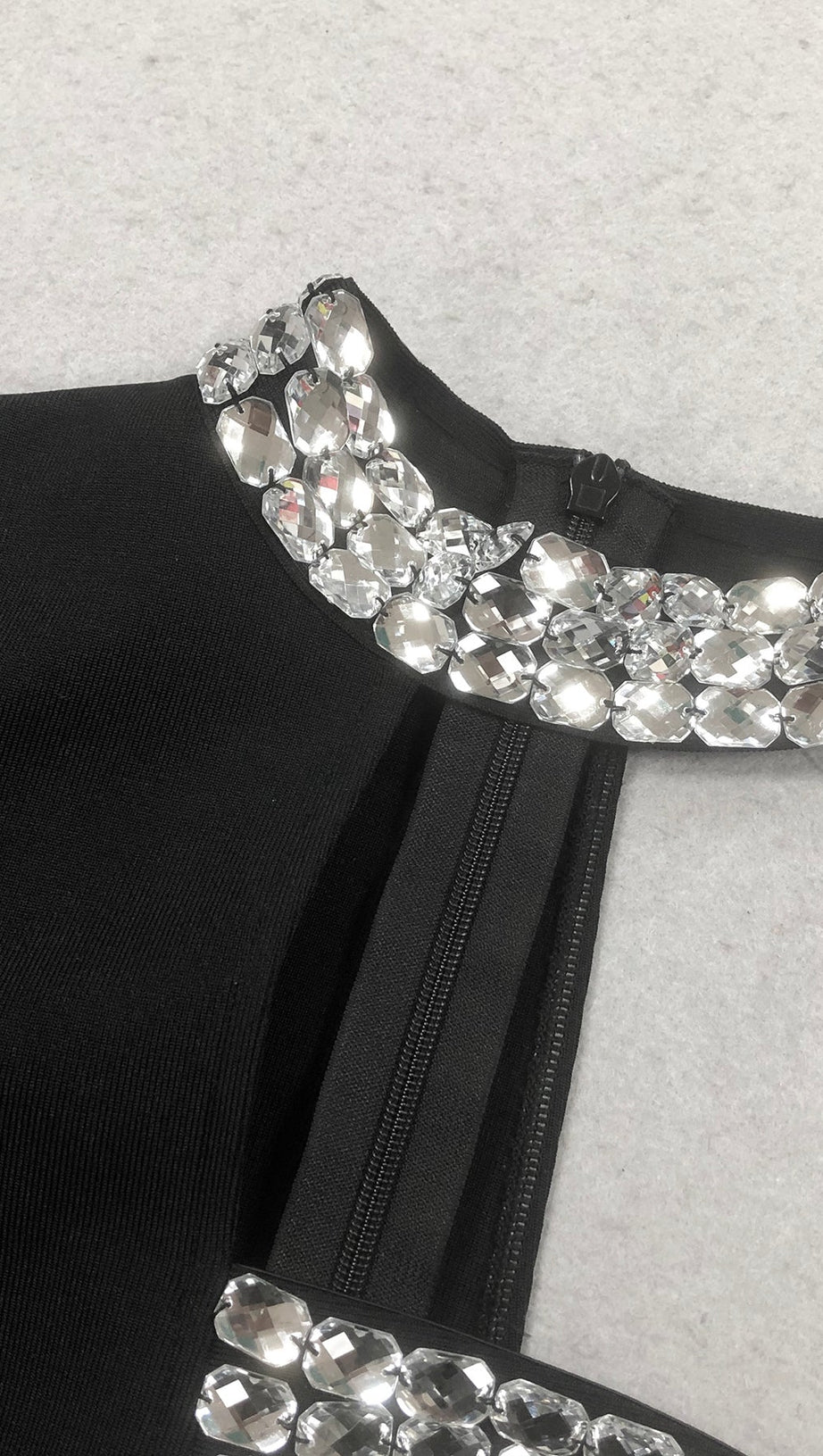 CRYSTAL EMBELLISHED ONE-SLEEVE CUT-OUT MAXI DRESS IN BLACK