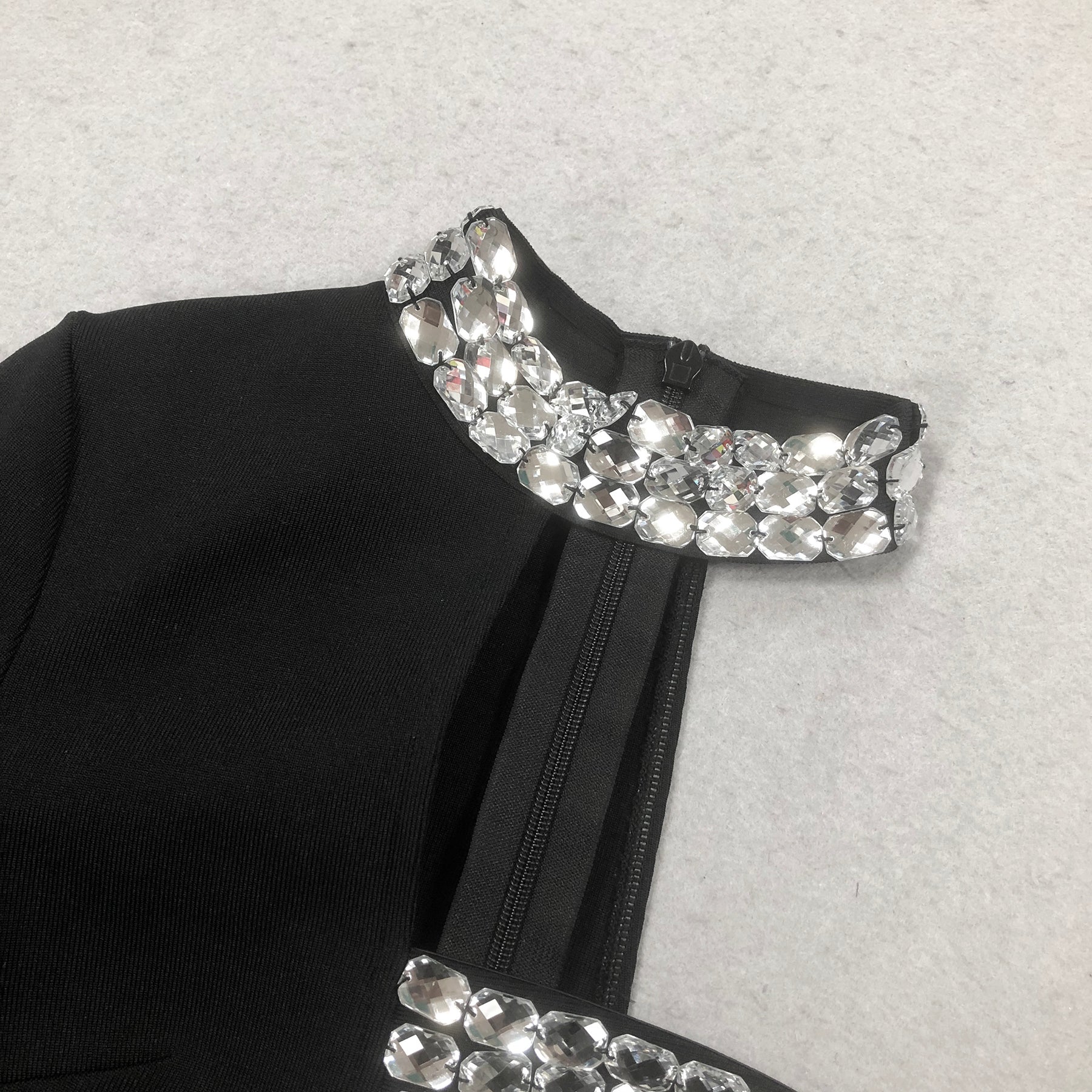 CRYSTAL EMBELLISHED ONE-SLEEVE CUT-OUT MAXI DRESS IN BLACK