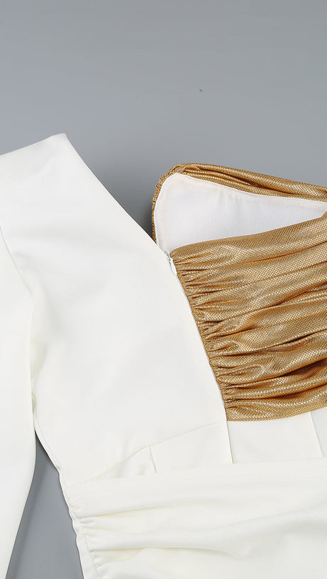 ROSE DETAILS HIGH SUT MAXI DRESS IN GOLD WHITE