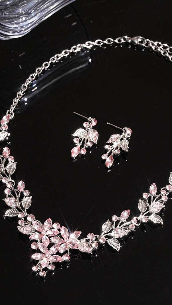 AIIZIE Juelz Sparkling Pink Crystal Flower & Leaf Necklace & Earrings Set - product image