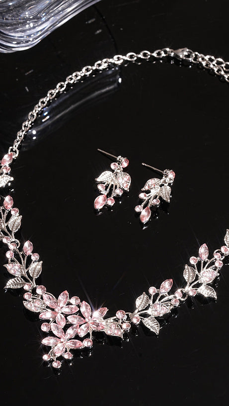 Juelz Sparkling Pink Crystal Flower & Leaf Necklace & Earrings Set