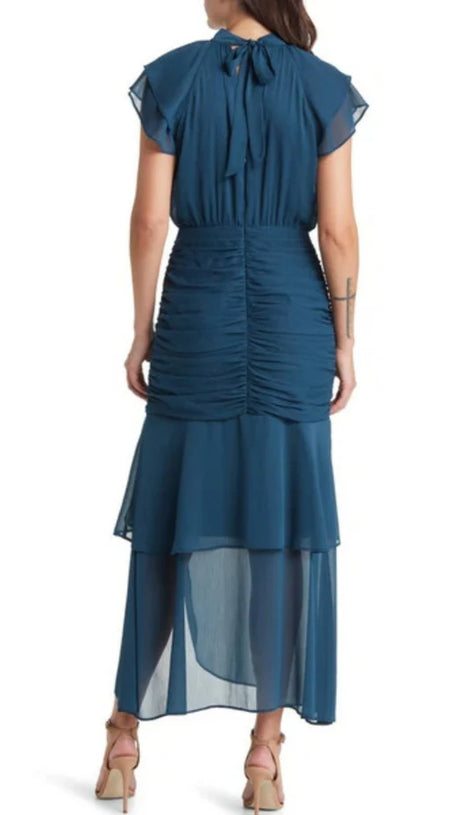 RUCHED RUFFLE CHIFFON MAXI DRESS IN TEAL
