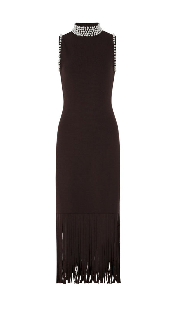 AIIZIE Junko Pearl Choker Sleeveless Knit Maxi Dress with Fringe Hem - product image