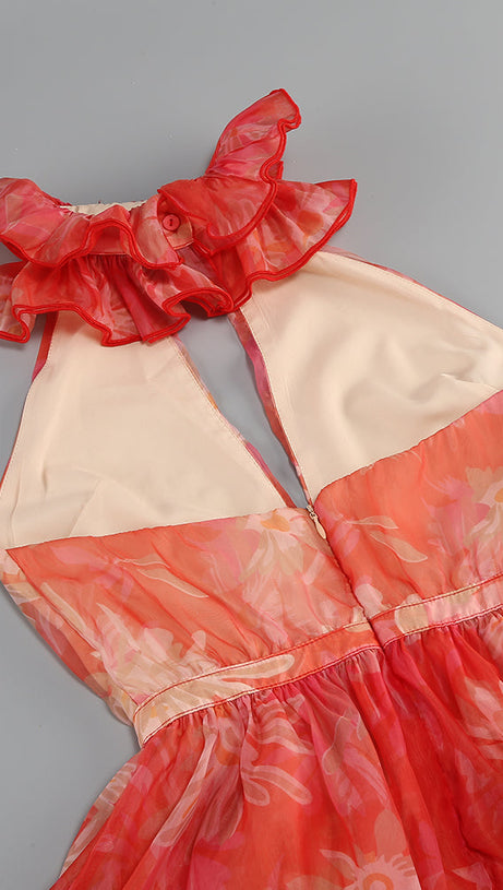 ORANGE FLORAL PRINTED SHEEVELESS HALTER MAXI DRESS