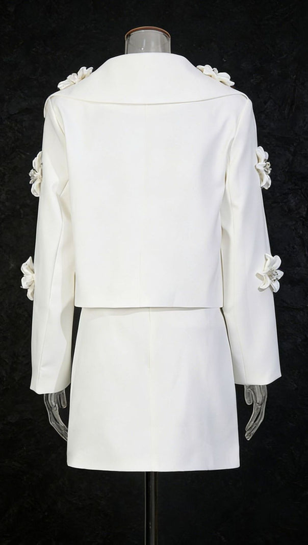 AIIZIE Janiyah White Floral Embellished Crop Blazer & Mini Skirt Set - product image