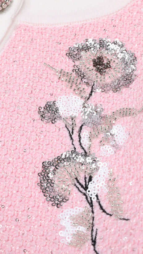 Chic Pink Sequin Knit Cardigan & Midi Skirt Set