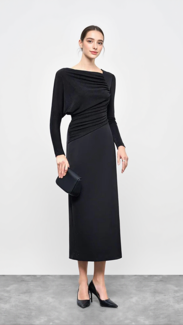 AIIZIE MIRABEL A-LINE BACK SLIT TAFFETA MIDI DRESS IN BLACK - product image