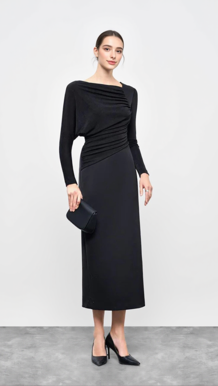 ABITO MIDI MIRABEL IN TAFFETÀ NERO CON SPACCO SULLA SCHIENA