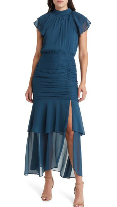 RUCHED RUFFLE CHIFFON MAXI DRESS IN TEAL