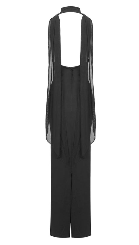 MERRY BLACK SHEER MESH UPPER PONTE LOWER MAXI DRESS