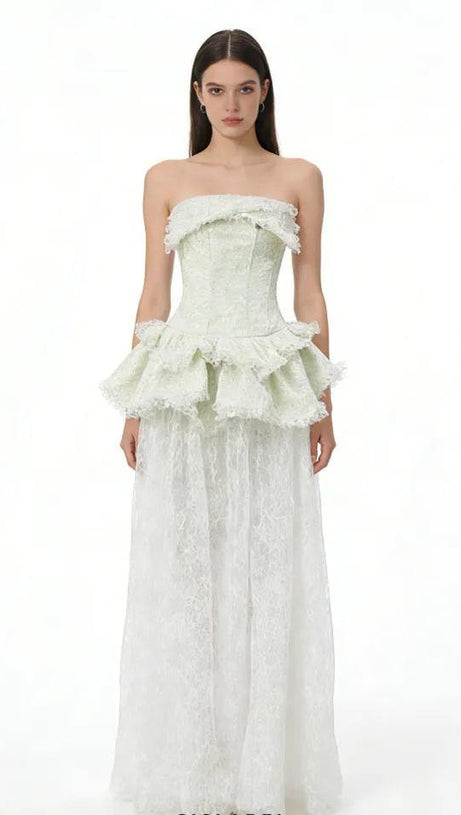 Green Strapless Lace-Paneled Fitted Maxi Dress