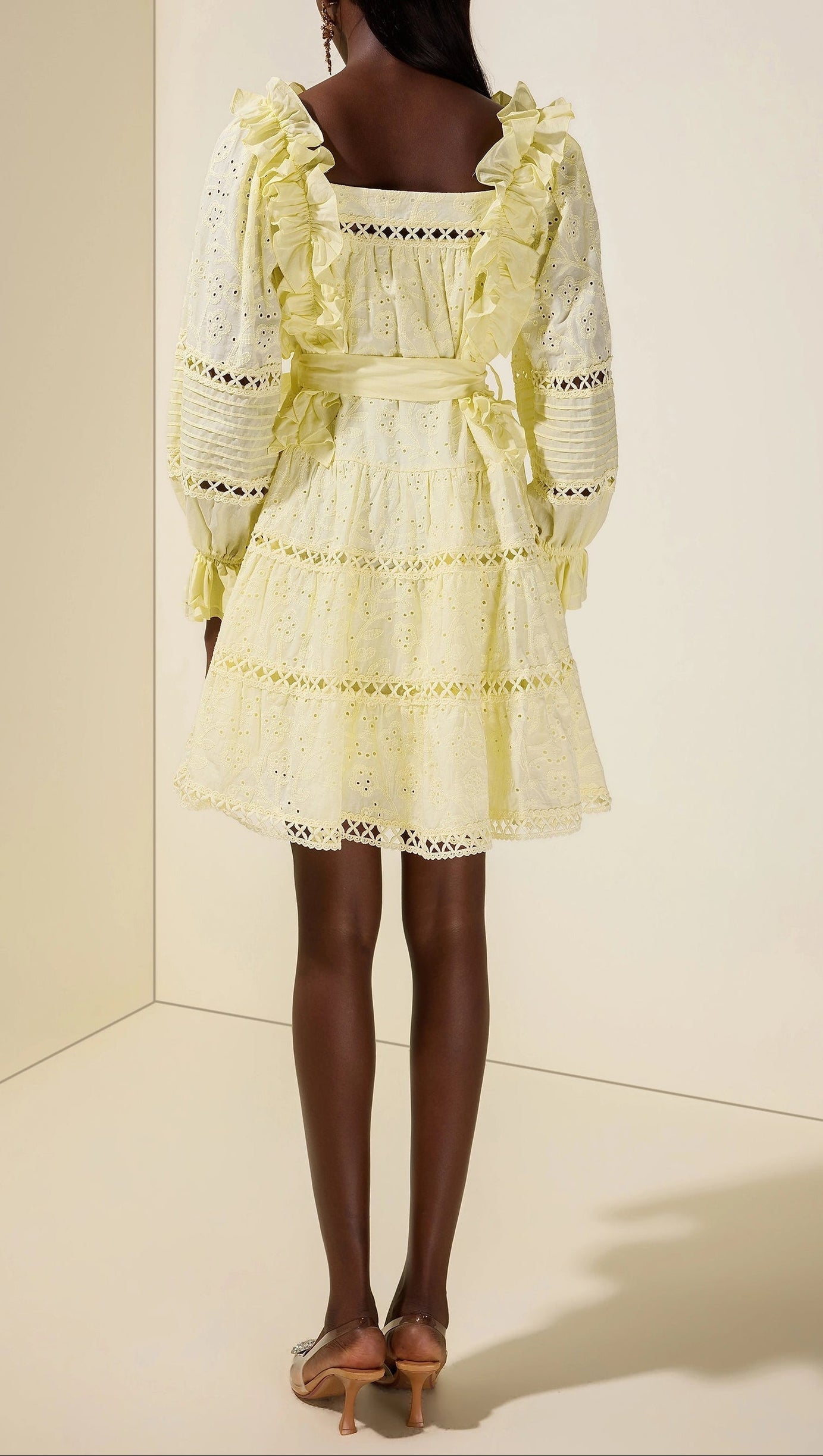 victoria Embroidered hollow Ruffle Mini Dress - yellow