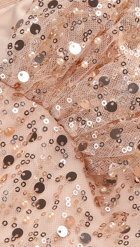 OFF-SHOULDER SEQUIN EMBROIDERED MINI DRESS IN NUDISTE