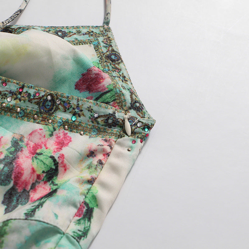 Juda Bohemian Print Flowy Maxi Dress - Strappy Green Elegance