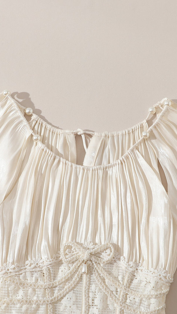 Square neck puff sleeve lace satin maxi dress - white