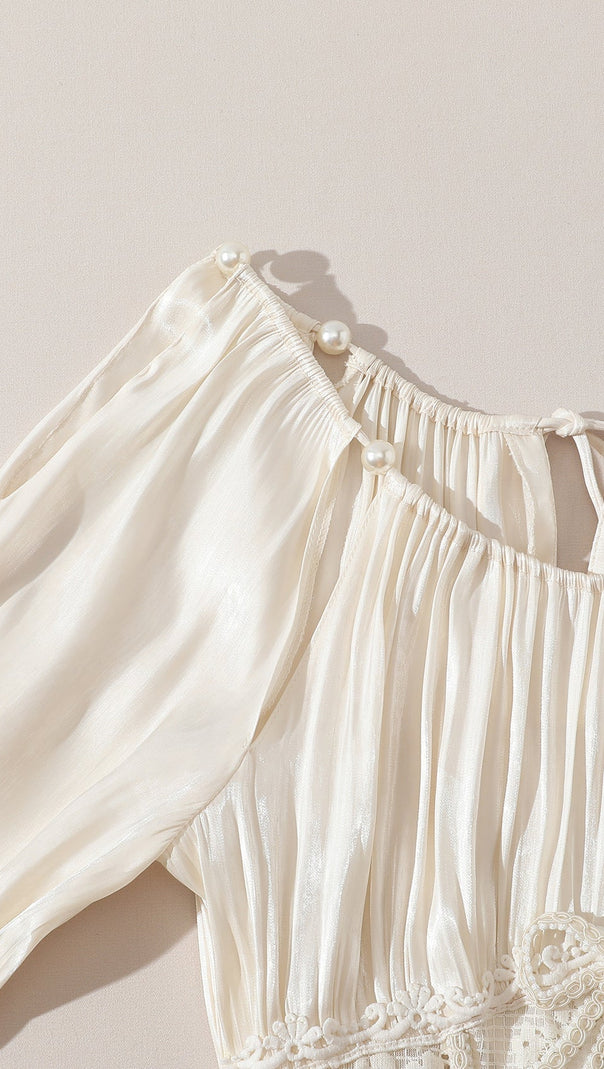 Square neck puff sleeve lace satin maxi dress - white