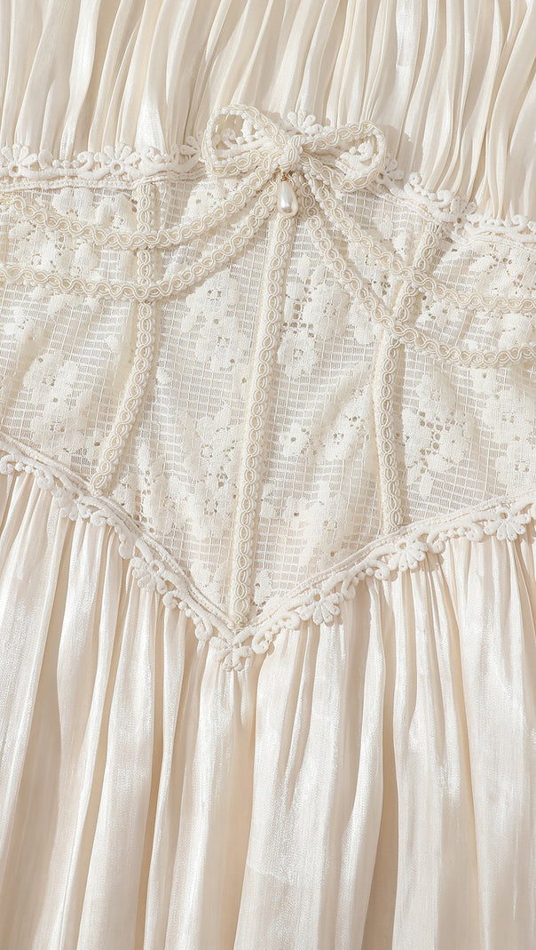 Square neck puff sleeve lace satin maxi dress - white