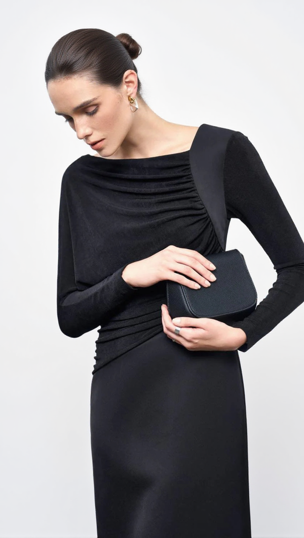 AIIZIE MIRABEL A-LINE BACK SLIT TAFFETA MIDI DRESS IN BLACK - product image