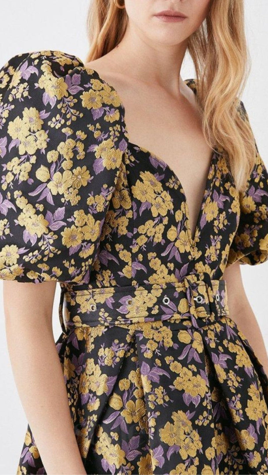 FLORAL JACQUARD PUFF SLEEVE DRESS
