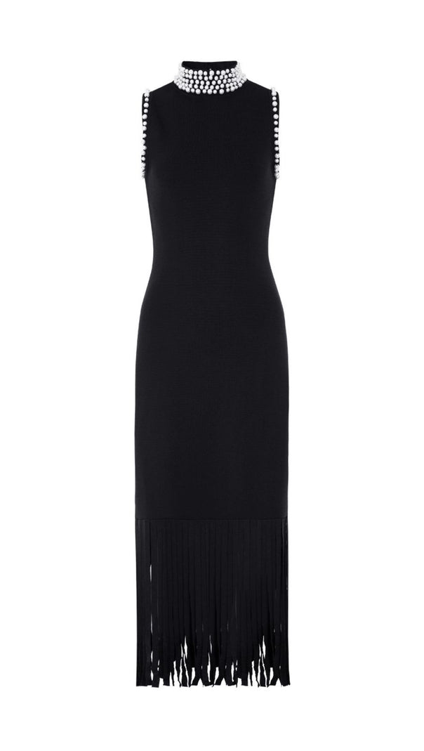 AIIZIE Junko Pearl Choker Sleeveless Knit Maxi Dress with Fringe Hem - product image