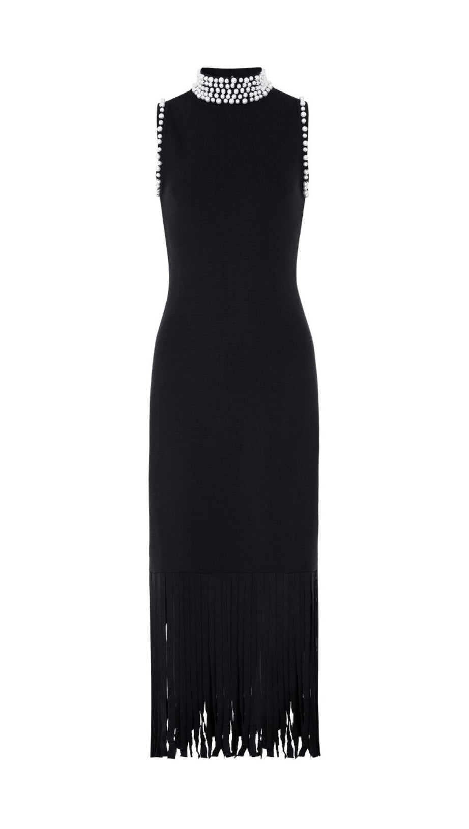 Junko Pearl Choker Sleeveless Knit Maxi Dress with Fringe Hem