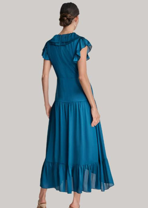 RUFFLED CRINKLE-TEXTURED MAXI DRESS IN DARK BLUE