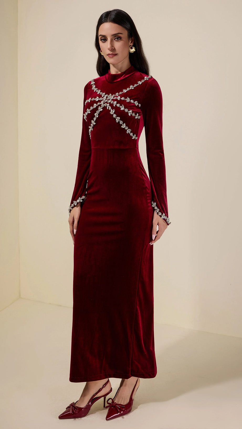 hilary Velvet Rhinestone Long Sleeve Maxi Dress - burgundy