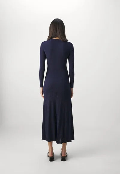 VIOLA RIBBED-KNIT MIDI DRESS IN NAVY BLUE